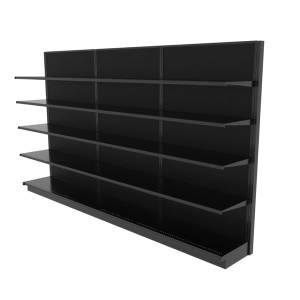 Lozier Black Gondola Shelving Wall Display with 15 Shelves 12FT wide 84H 19D